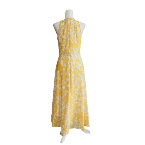 Badgley Mischka Dress Yellow White Paradiso Sleeveless Beaded Waist Midi Size 4 - Picture 5 of 13